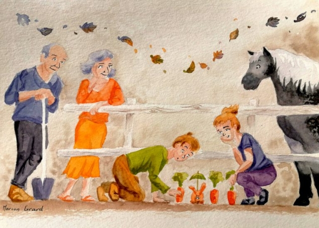 Portrait de grand-parents et petits-enfants en train de potager avec cheval réalisé par marion croque