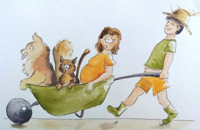 portrait de famille de futurs parents dans une brouette réalisé par marion croque