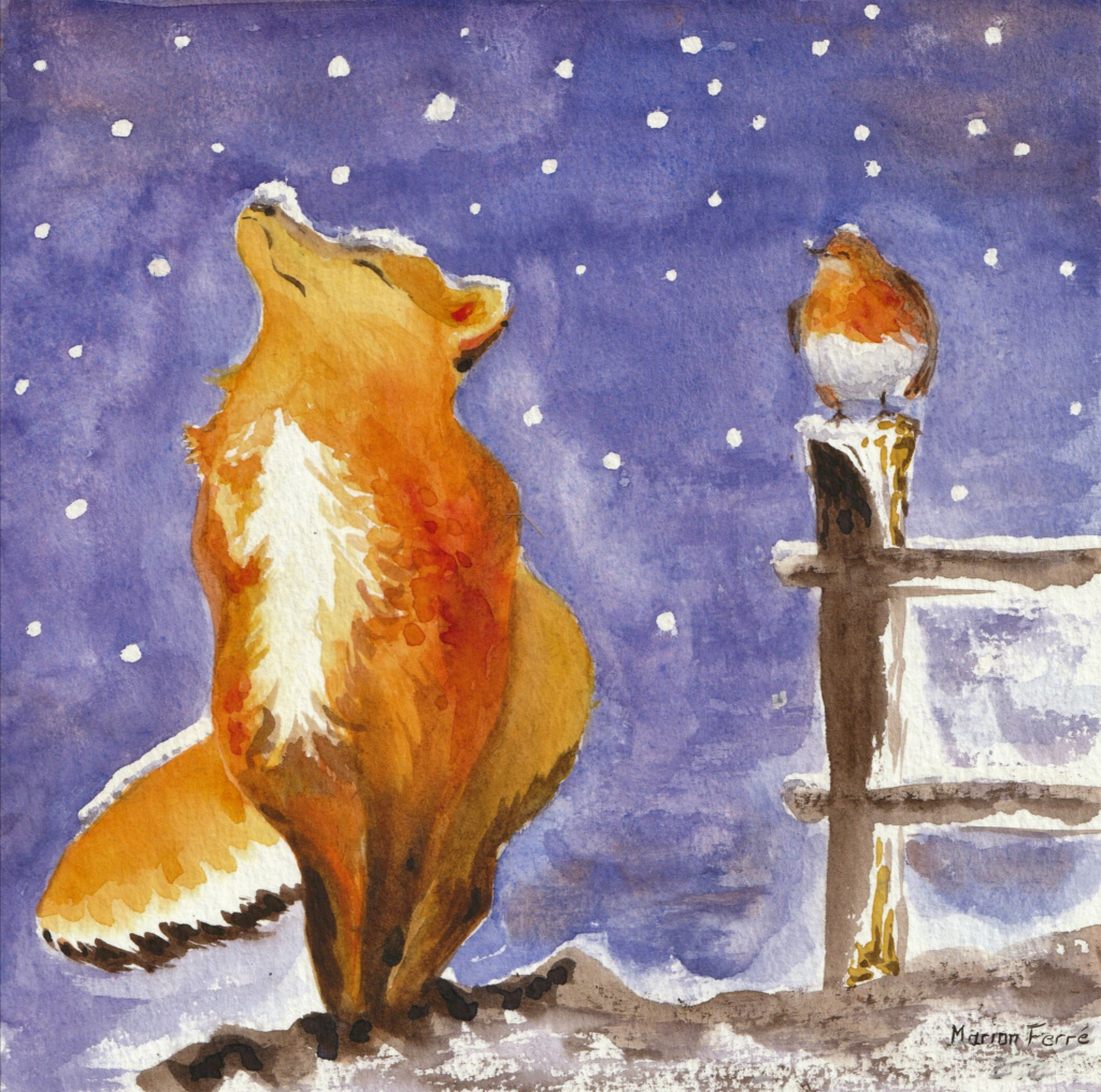 carte postale renard et rouge gorge